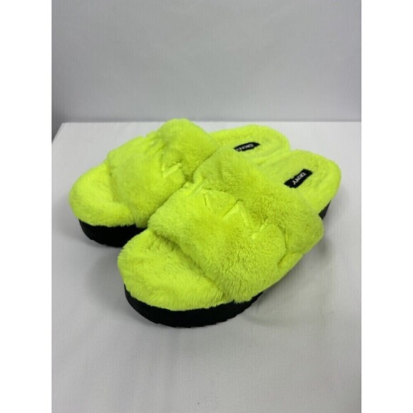 DKNY Faux Fur Platform Slides Citron Flourscent Yellow 8.5 Flatforms - Picture 2 of 9